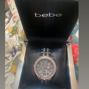 Bebe Woman Silver Fashion Rose Gold Crystal Dial Bezel Watch NWOT